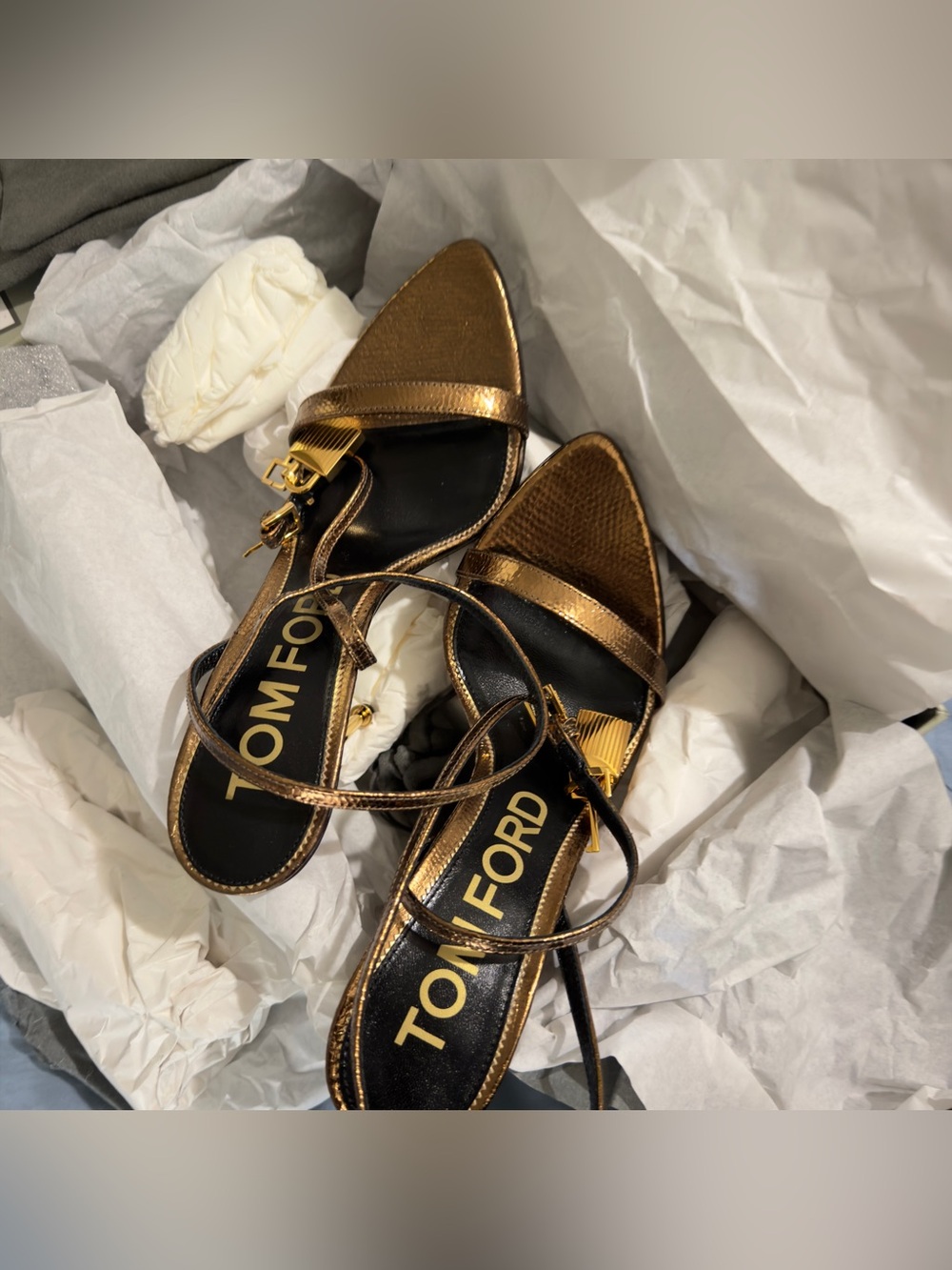 TOM FORD
Metallic Lizard-Print Lock High-Heel Sandals